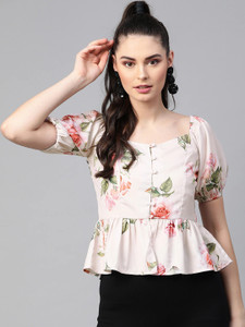 SASSAFRAS Casual Half Sleeve Printed Women Green Pink Top Buy