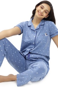 ZEYO Women Printed Blue Shirt & Pyjama set