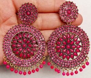 The Triple Squared Glass Beaded Earrings in Maroon with Pink Beads  Cippele