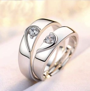 Devora Valentine Gifts Heart Couple Ring for Girls and Boys Valentine Day Propose ring for lovers Stainless Steel Zircon Sterling Silver Plated Ring Set