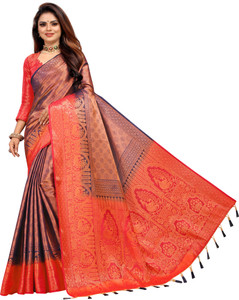 Buy INDI FASHION Woven Banarasi Cotton Silk Dark Blue Red Sarees