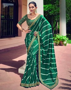 Satrani Printed, Striped, Embellished Leheria Georgette Saree