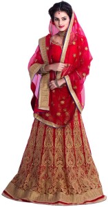 rudra fashion embroidered, embellished lehenga, choli and dupatta set(red, gold)