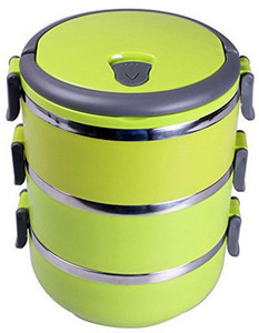 Plastron Triple Layer Lunch Box (Green) - 1 L Plastic, Stainless Steel Food Storage
