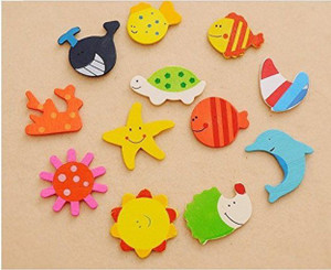 Infinxt Colored Wooden Cartoon or Nature Theme ( Set of 12 ) Fridge Magnet