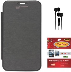 Tidel Flip Cover Case for Micromax A116 Canvas Hd with 3.5mm Stereo Earphones & Screen Guard Accessory Combo