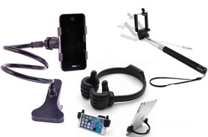 TRENDONIX Selfie Stick (Aux) + Lazy Bed Snake Mobile Stand + Ok Mobile/ Tablet Stand Accessory Combo