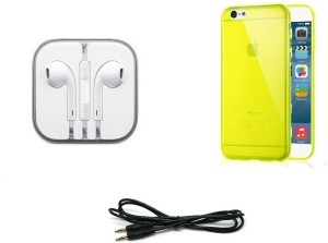 Mudshi Yellow Transparent Back Cover, Head Phone, Aux Cable Combo Set for iPhone 6+ Accessory Combo