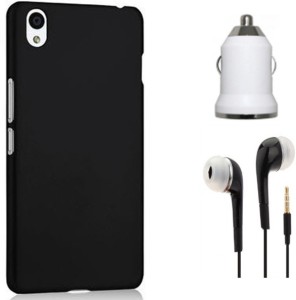 Tidel Black Matte Finish Rubbrised Slim Hard Back Cover For OnePlus X With 3.5mm Handsfree Earphone & CAR CHARGER Accessory Combo