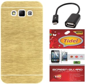 Tidel Golden Durable Aluminium Brushed Metallic Back Cover For Samsung Galaxy On7 With Tidel Screen Guard & Micro Otg Cable Accessory Combo