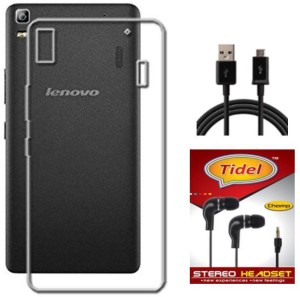 Tidel Silicon Soft Back Cover for Lenovo A7000 With 3.5mm Handsfree Earphone & Data Cable Accessory Combo