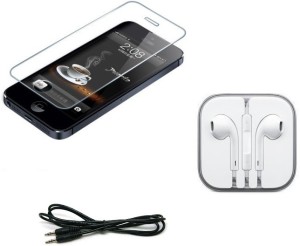 Mudshi Temper Glass Screen Guard, Head Phone, Aux Cable Combo Set for iPhone 5s Accessory Combo
