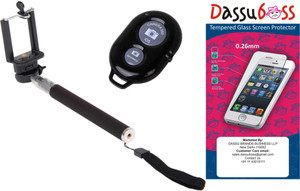DassuBoss Tempered Screen Guard and Selfie Stick for Samsung Galaxy Grand 2 SM-G7106 Accessory Combo