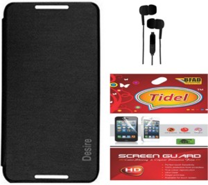 Tidel Flip Cover For Htc Desire 816 With 3.5mm Stereo Earphones&Screen Guard Accessory Combo