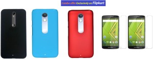 Foneys Set of 3 Back cover BLACK , RED , SKY BLUE with 2 Clear HD Screen guard for Moto X Play Accessory Combo