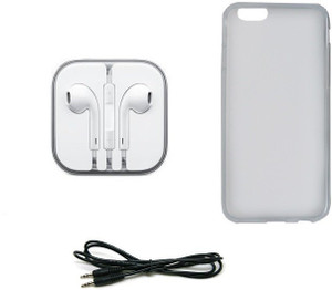 Mudshi Grey Transparent Back Cover, Head Phone, Aux Cable Combo Set for iPhone 6+ Accessory Combo