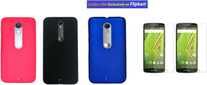 Balacase Set of 3 Back cover BLACK , BLUE , Pink with 2 Clear HD Screen guard for Moto X Play Accessory Combo