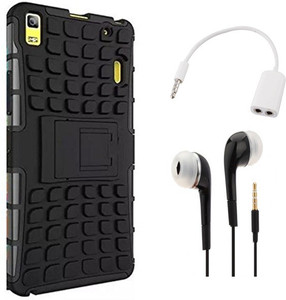 Tidel Hybrid Military Grade Armor Kick Stand Back Cover Case for Lenovo K3 Note (Black) With 3.5mm Handsfree Earphone & Audio Spliter Accessory Combo