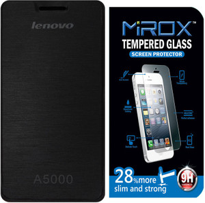 Mirox Flip Cover For Lenovo A5000 With Tempered Glass Accessory Combo