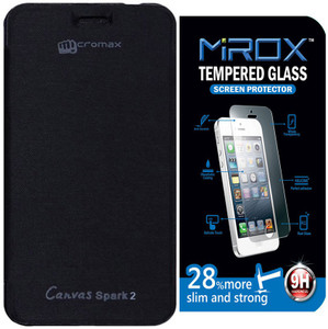 Mirox Flip Cover For Micromax Canvas Spark 2 Q334 With Tempered Glass Accessory Combo