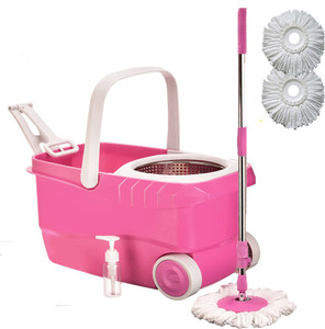 Cherrylite Smart Magic Steel Spin Pink Bucket With Wheels & Extra 2 Refills Mop Set