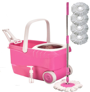 Cherrylite Cleanwell Steel Spin Pink Bucket With Wheels and Extra 4 Mop Refills Mop Set