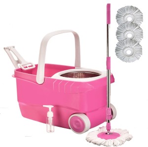 Cherrylite Cleanwell Steel Spin Pink Bucket With Wheels and Extra 3 Mop Refills Mop Set