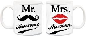 me&you gift for husband/wife/boyfriend/girlfriend/couple on valentine's day or anniversary;mr.awesome and mrs. awesome printed ceramic mug(325 ml, pack of 2)