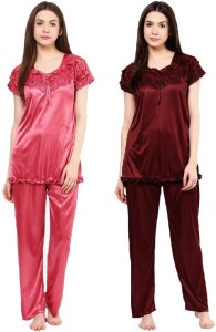 boosah women's solid pink, brown top & pyjama set