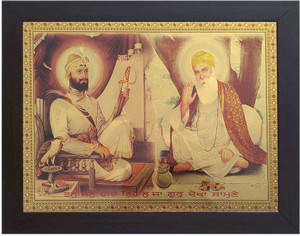 G T India Golden Guru Gobind Singh Ji And Guru Nanak Dev Ji Sitting Painting With Frame Digital Reprint Painting18 Inch X 14 Inch