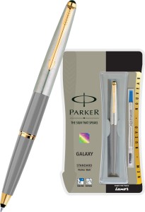 2Pcs Parker Galaxy Stainless Steel Gold Trim Roller Ball Pen Blue Ink 