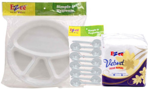 Ezee Thermocol Plate + Crystal Plastic Spoon + Tissue Paper Plate Set