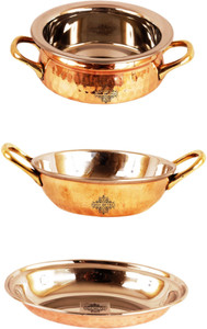 IndianArtVilla Set of 3 Steel Copper Serving Set Handi, Kadhai Set