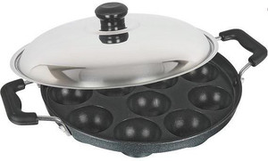 TRIKON Pan 22 cm 12 Cavities Appam Patra With 3 non stick coatings SS Lid And Side Handles cm diameter