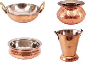 Indian art villa Set of 4 Steel Copper Serving Set Handi, Pot, Kadhai, Handi Set