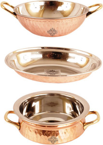 IndianArtVilla Set of 3 Steel Copper Serving Set Handi, Kadhai Set