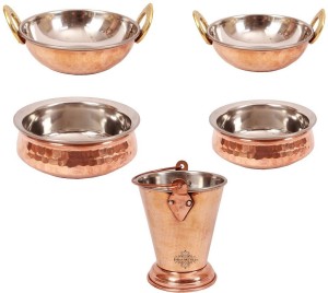 Indian art villa Set of 2 Steel Copper Handi with 2 Steel Copper Kadai & 1 Steel Copper Bucket - Serving Dishes Serveware Tableware Kadhai, Handi, Pot Set
