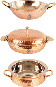 IndianArtVilla Set of 3 Steel Copper Serving Set Handi, Kadhai Set