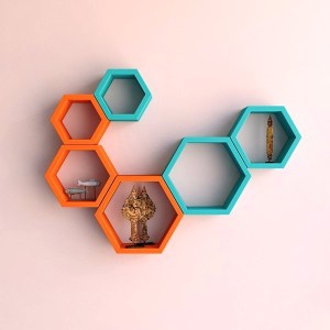 Ganeshaas GHWSXD003SBO Hexagon Marin Blue n Orange Floating MDF Wall Shelf
