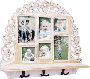 Home Sparkle Wall Shelf W/ Photoframe & Hooks Wooden Wall Shelf