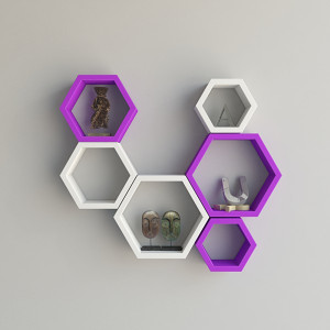 Ganeshaas Gphxd006vw Purple N White Beehive Hexagon Floating MDF Wall Shelf