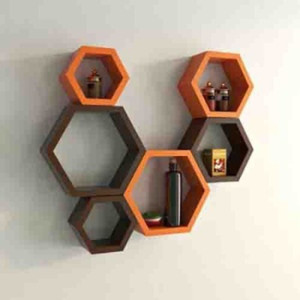 Onlineshoppee Set Of 6 Hexagon shape Designer Storage Shelves - Orange & Brown Wooden Wall Shelf