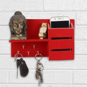 OSE MDF WOOD KEY HOOKS & MOBILE HOLDER WALL RACK FOR DESIGNING INTERIOR Wooden Wall Shelf
