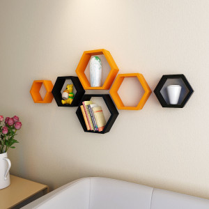 Ganeshaas Gphxd005ob Orange N Black Beehive Hexagon Floating MDF Wall Shelf