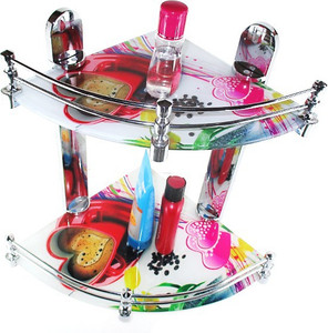 Royal Indian Craft Heart Printed Multi Color Multipurpose Double Glass Wall Shelf