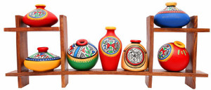 Indikala Wooden Stand with Seven Elegant Terracota Handpainted Pots Wooden, Earthenware Wall Shelf