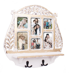 Home Sparkle Wall Shelf W/ Photoframe & Hooks Wooden Wall Shelf