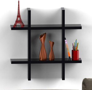 Decor Heart Hash Shape Floating Black Wooden Wall Shelf