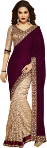 Googlee Self Design, Solid, Applique, Embroidered, Embellished Bollywood Velvet, Net, Cotton Linen Blend Saree