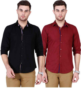 Ojass Men's Solid Casual Black, Maroon Shirt